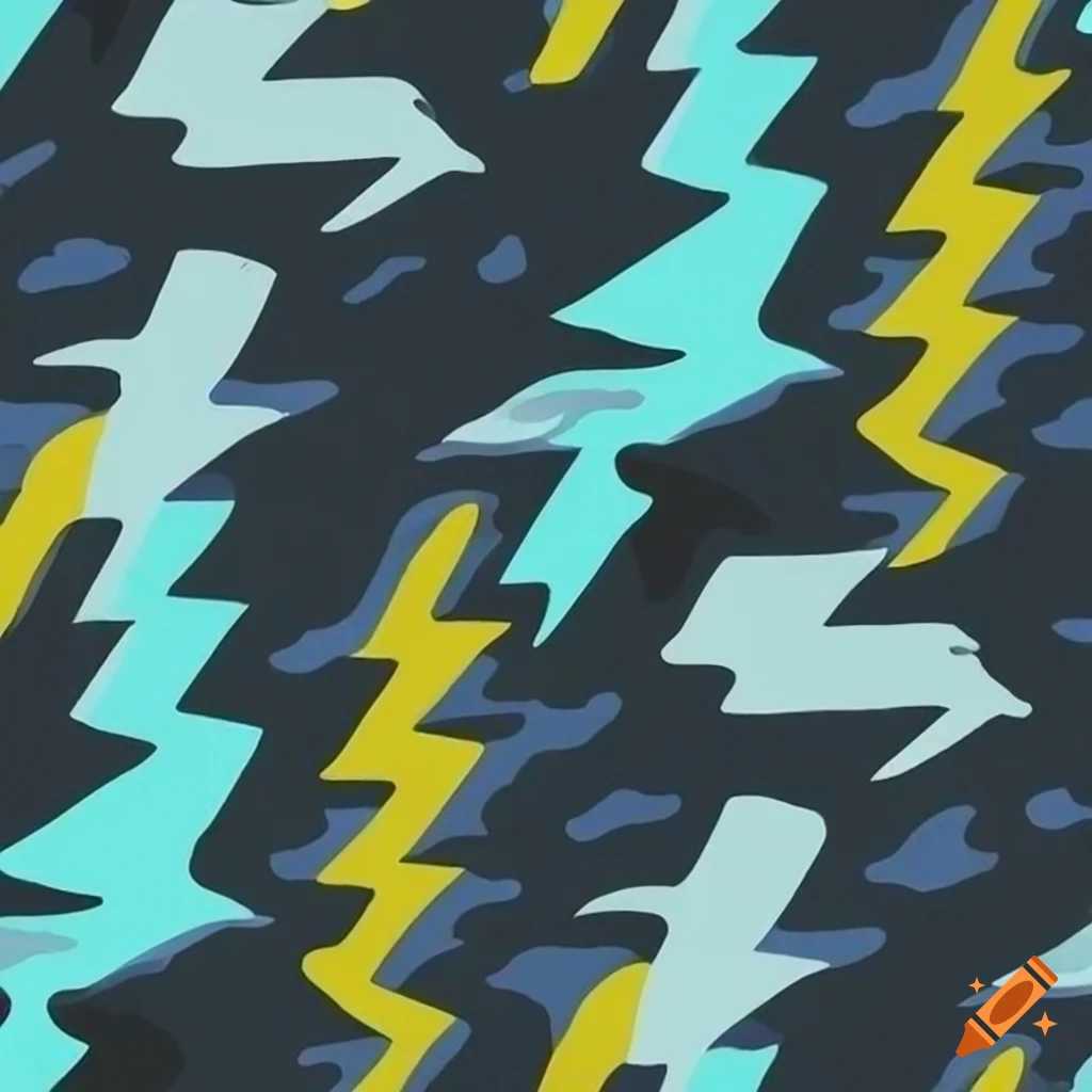 Ocean storm camouflage pattern in yellow, aqua, blue, dark grey, and black