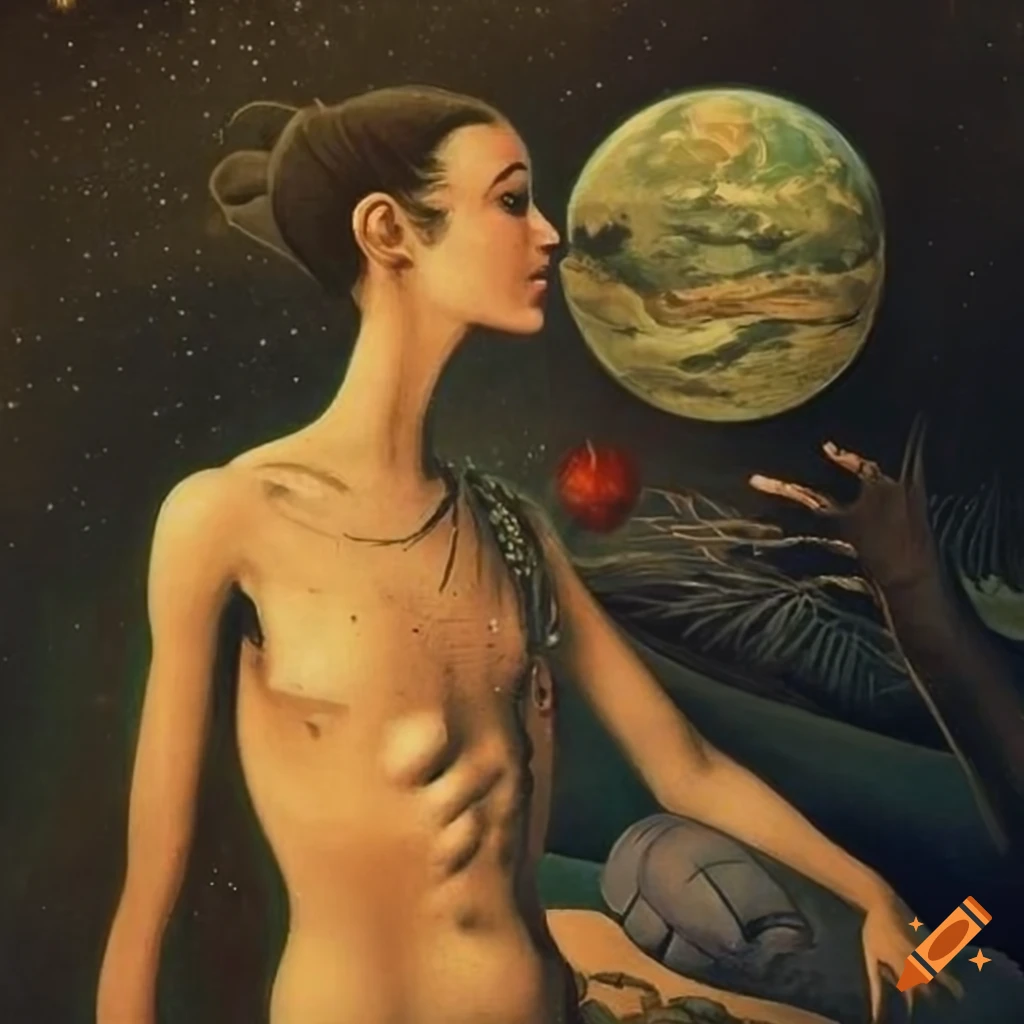 Nonbinary human gazing through the celestial veil in a science fiction magazine cover