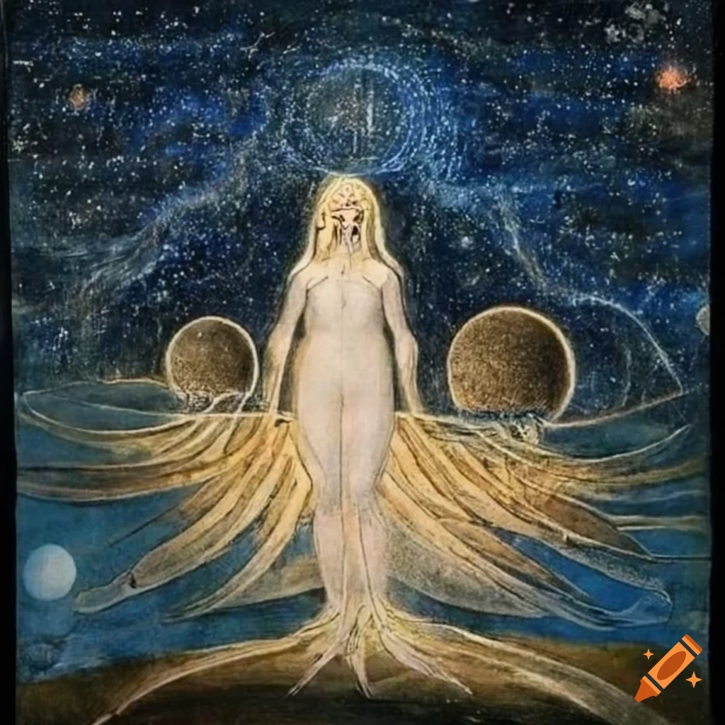Enlightened spirit walking to hilltop under starry sky with planets