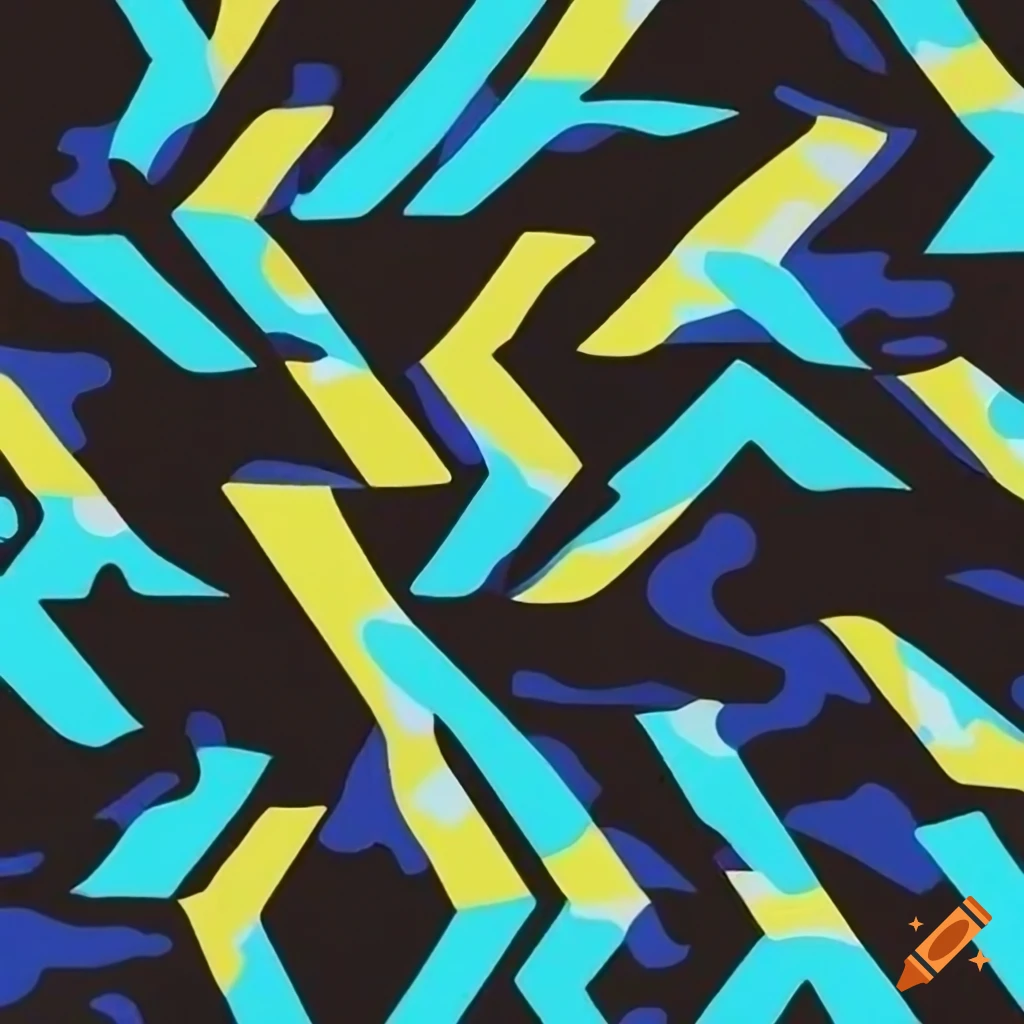 Geometric camouflage pattern in bold colors with thunder bolt and wave patterns