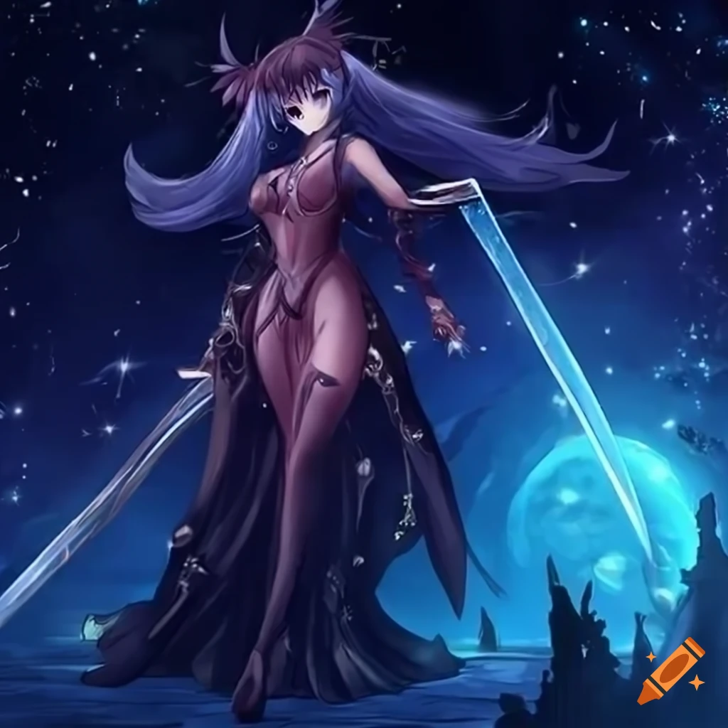 Anime boss demon girl Ifrit with amazing icy flame dress and flaming sword