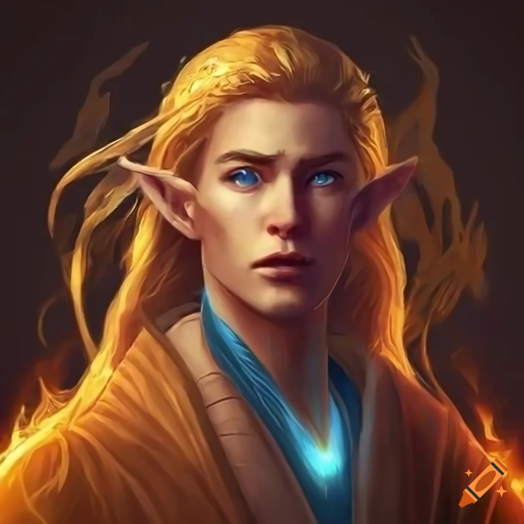 Male elven wizard conjuring elemental energies in a magical whirlwind