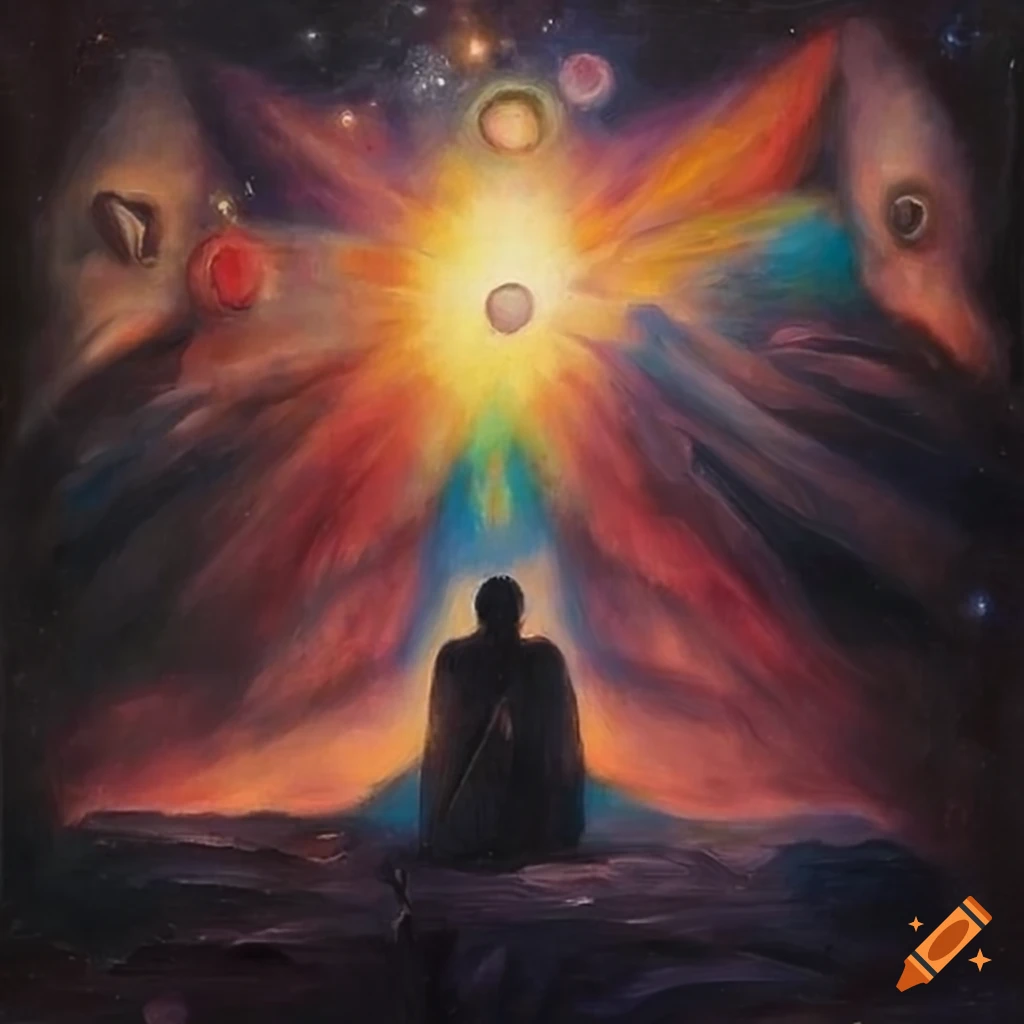 Surrealist painting with Carlos Castaneda and Don Juan Matus in front of a Tapio