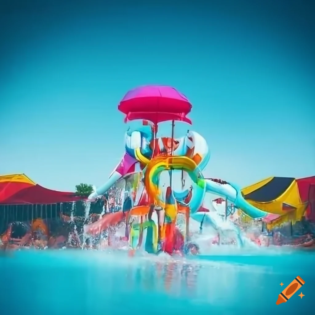 Vibrant water park on a rainy day with colorful slides and pools