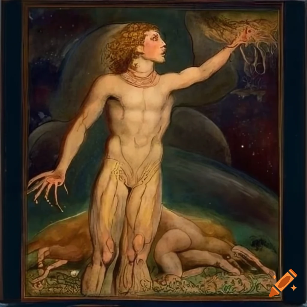 Enlightened spirit walking up a hill under a starry sky with planets, in a mystical setting