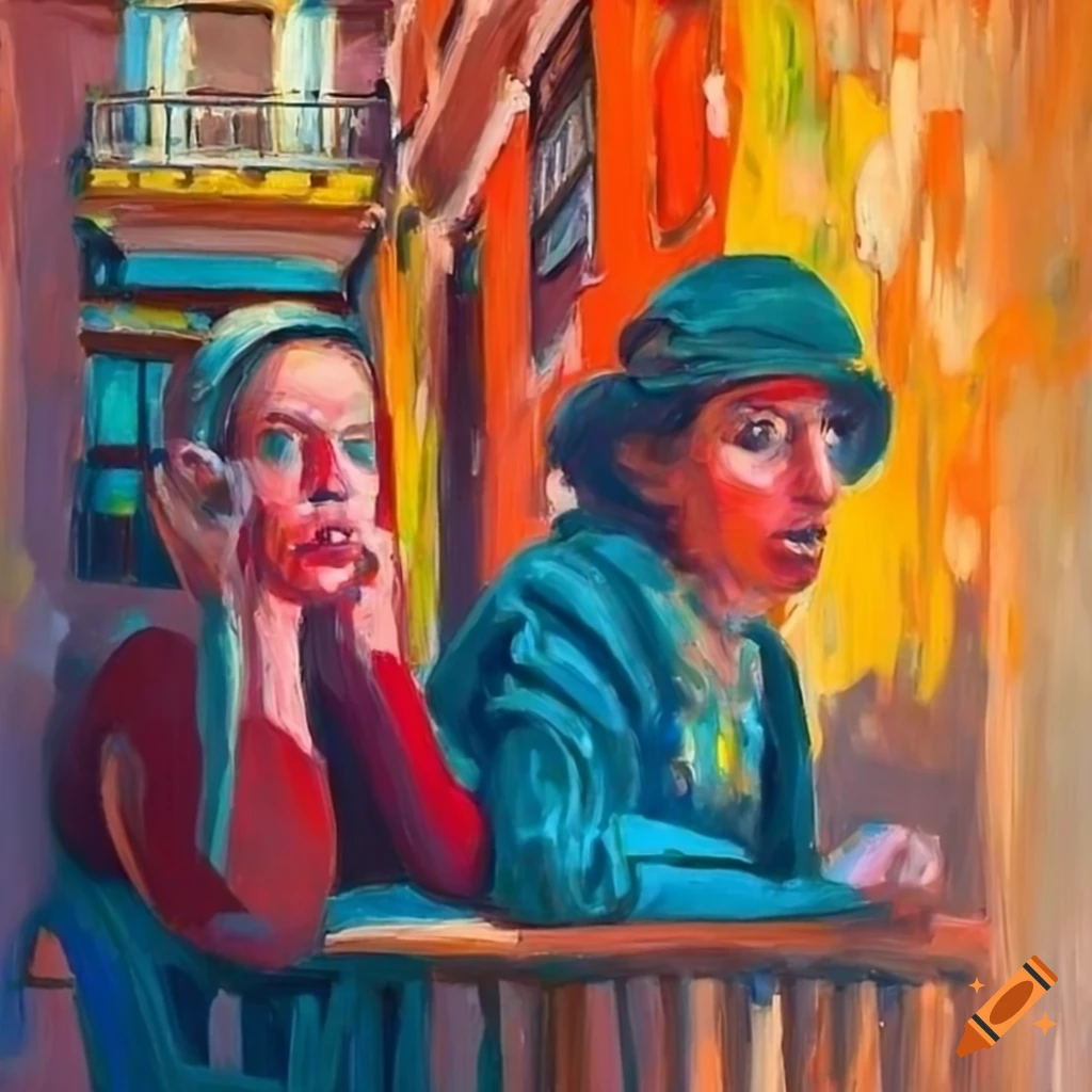 Abstract expressionist oil painting of people on a Madrid balcony