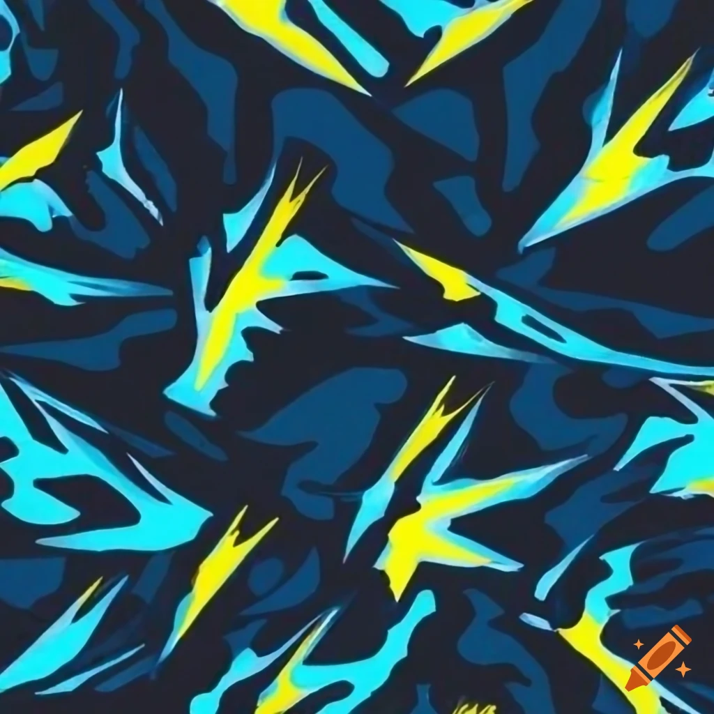 Riptide geometric camouflage pattern in bold colors, thunder bolt and wave patterns
