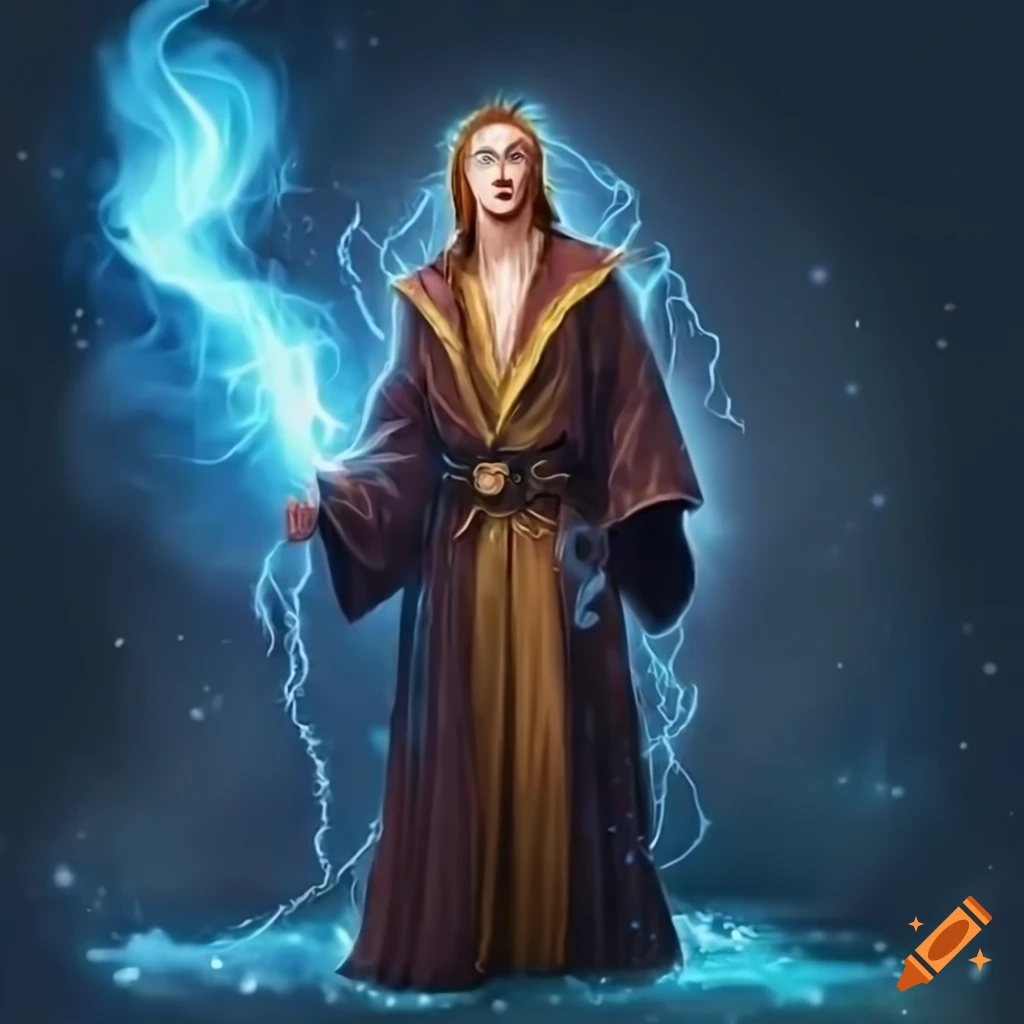 Male elven wizard casting elemental magic surrounded by fire, ice, lightning, and water