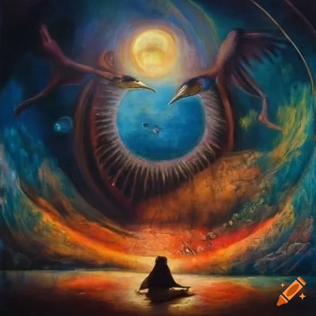 Surrealist painting with Carlos Castaneda and Don Juan Matus in front of a Tapio