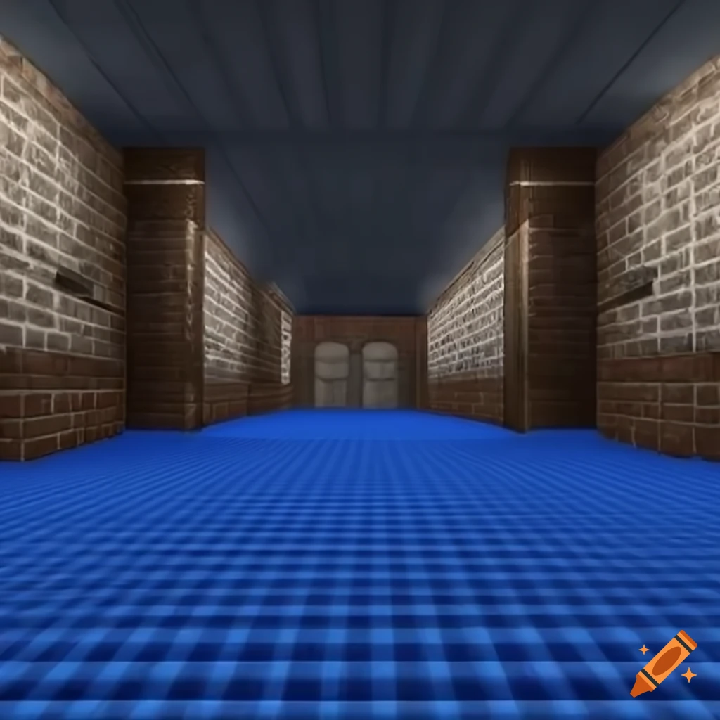 Nostalgic screenshot of 90's 3D video game hall with white brick walls and blue carpet floor