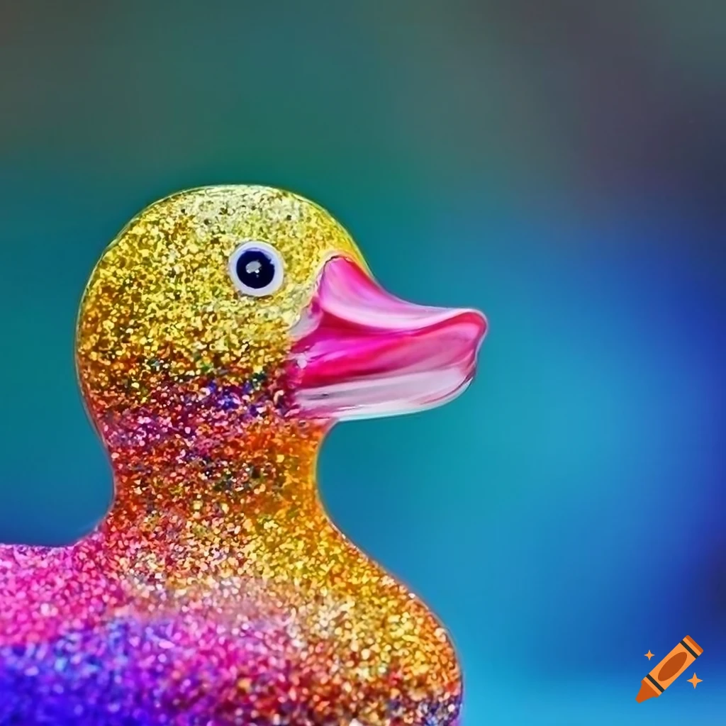 Detail of etched glass glitter rubber duck with rainbow colors