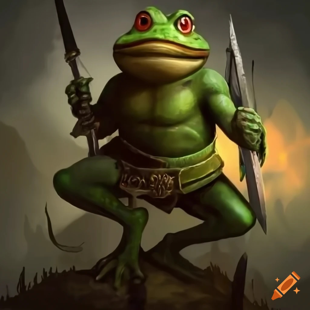 Epic scene with frog men army wielding swords and shields