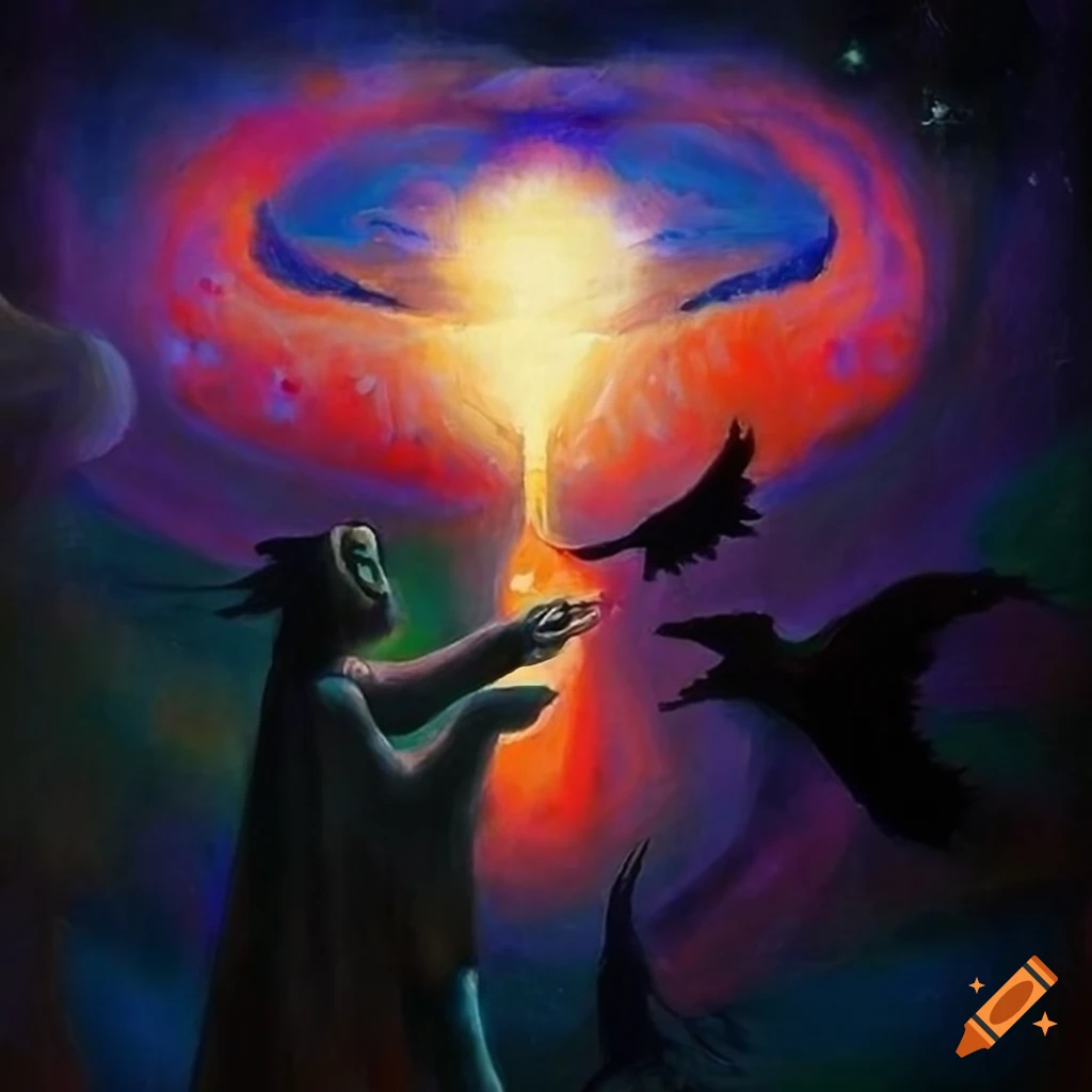 Surrealist painting depicting Carlos Castaneda and Don Juan Matus in front of a Tapio