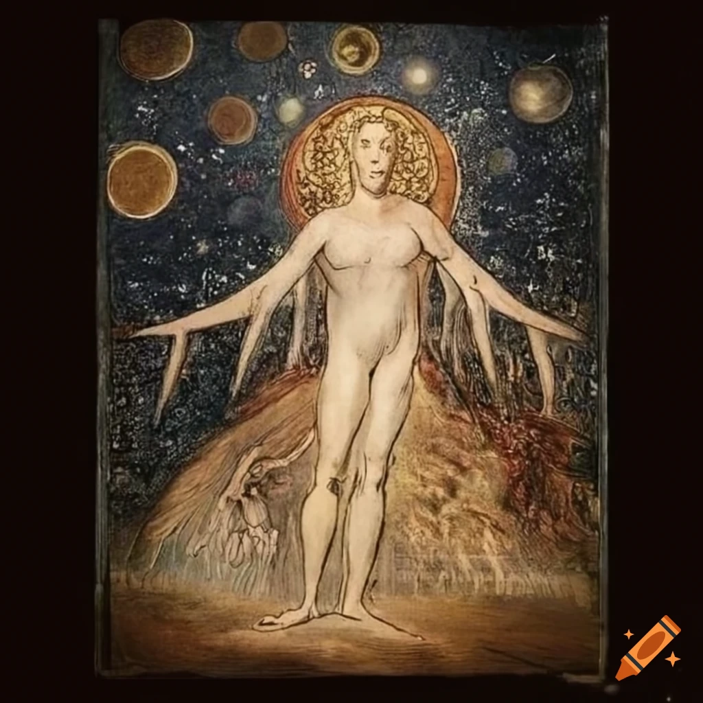Enlightened spirit walking up a hill under a starry sky with planets, in a mystical setting
