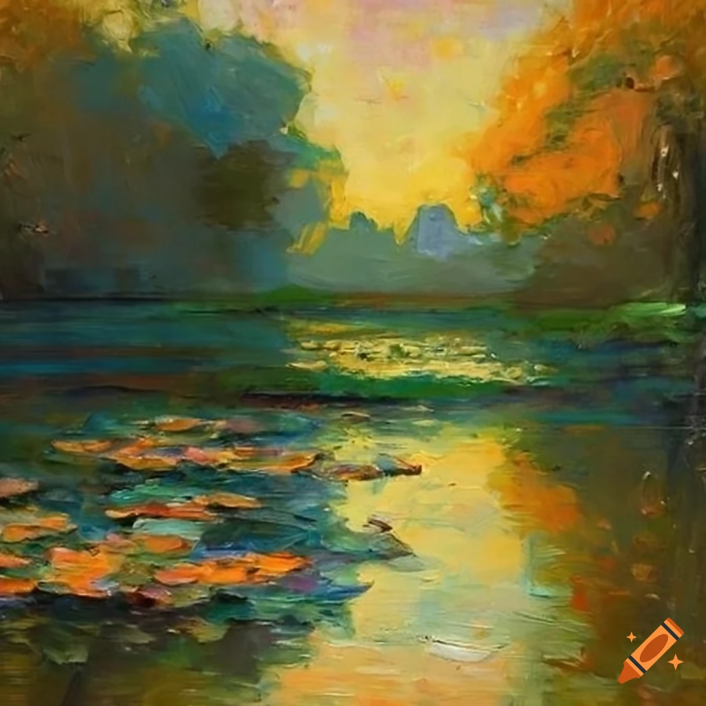 Impressionist painting of a pond