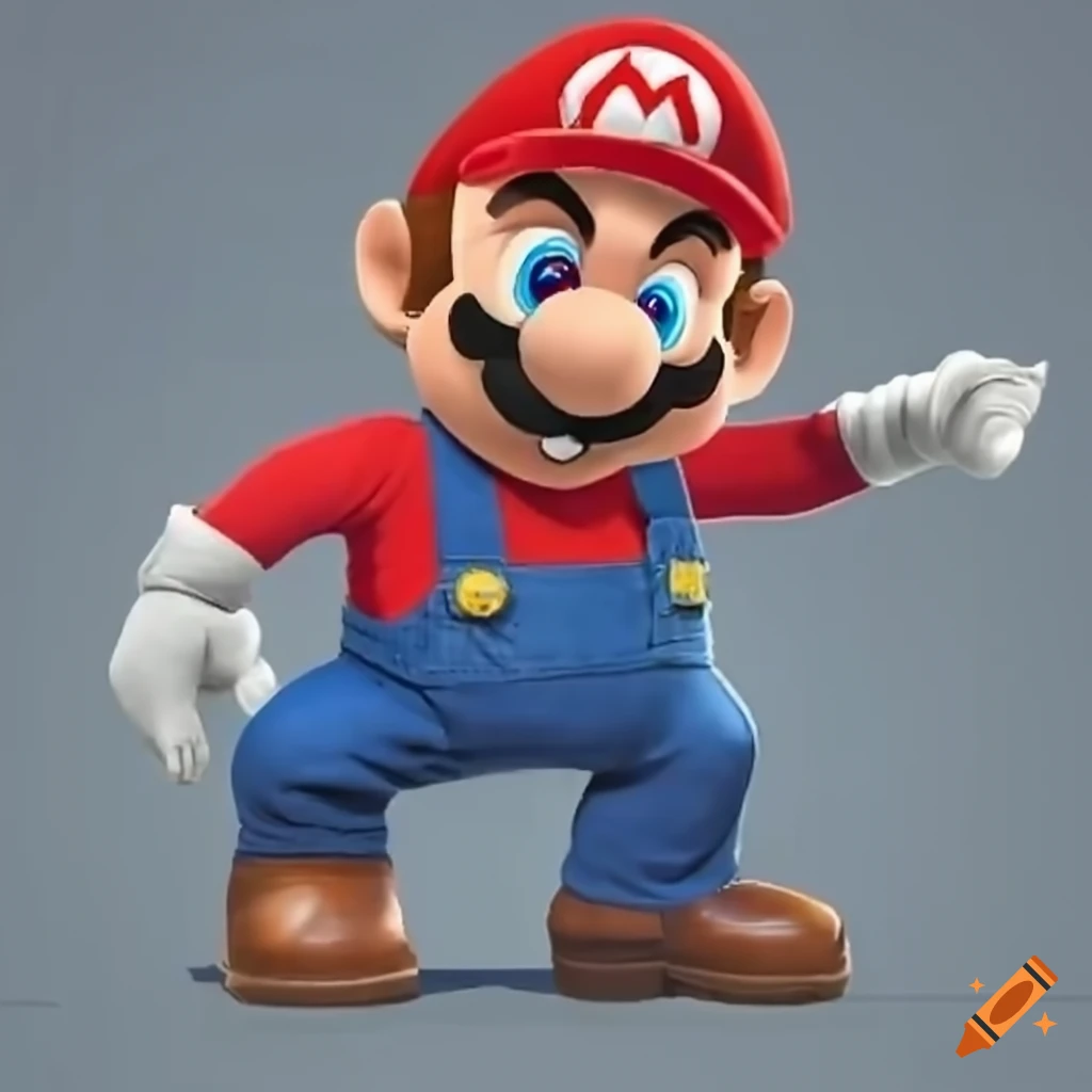 Plumber with blue overalls, red shirt, red hat with M, and brown mustache