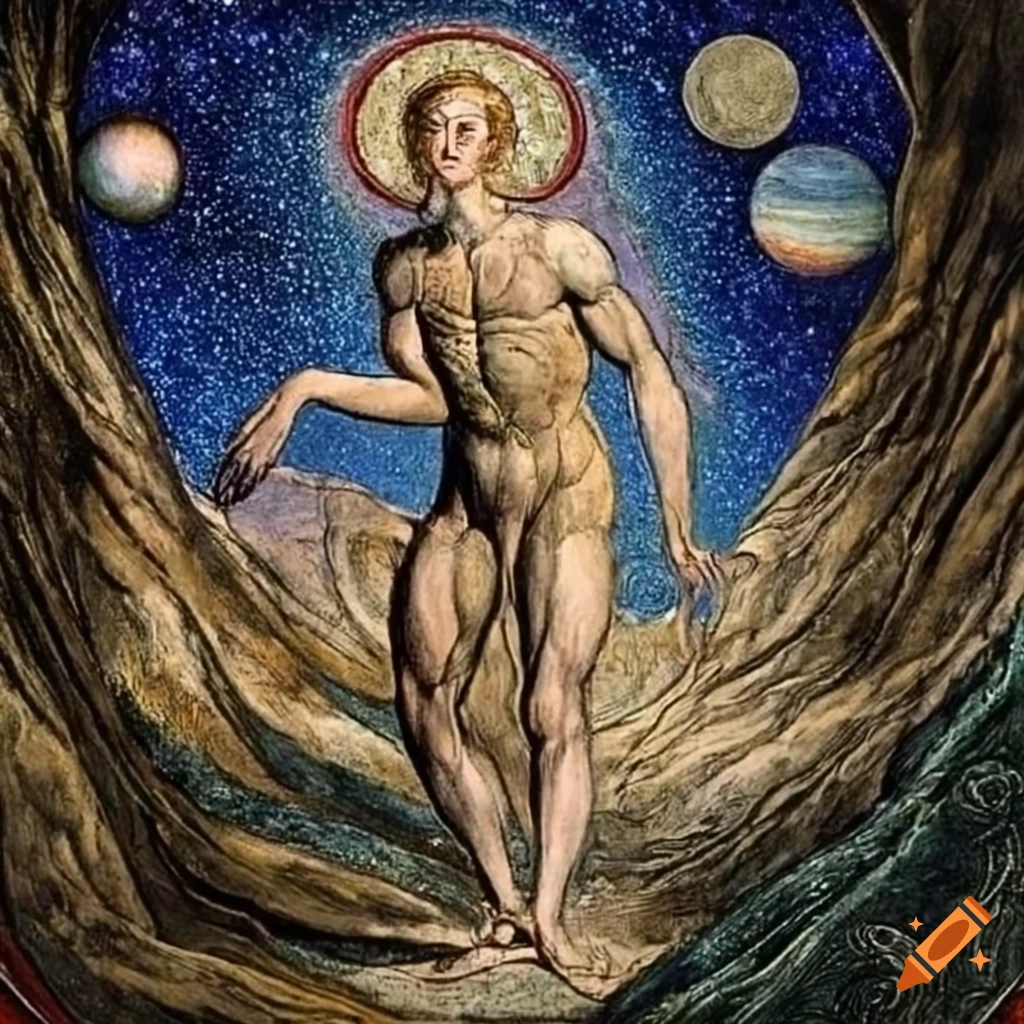 Enlightened spirit climbing hill under starry sky with planets, in William Blake style