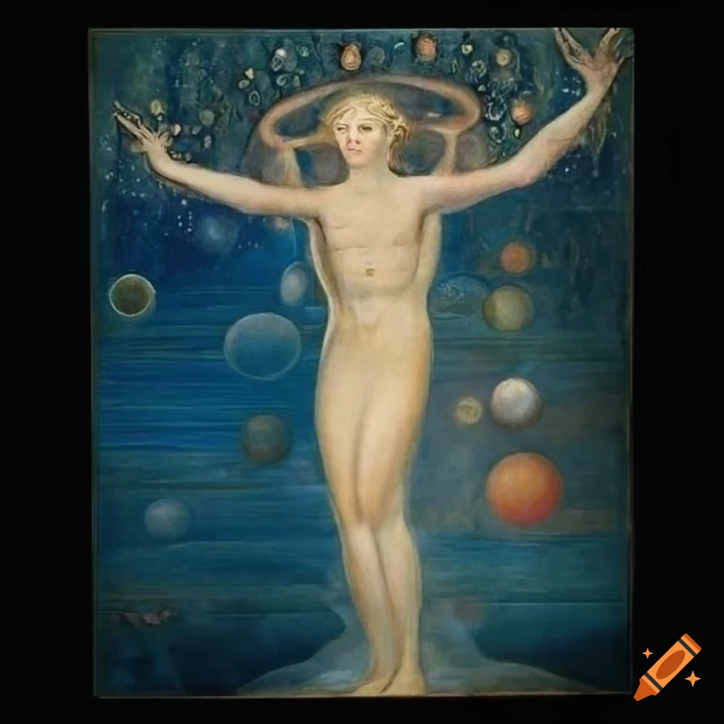 Enlightened spirit walking to hilltop under starry sky with planets