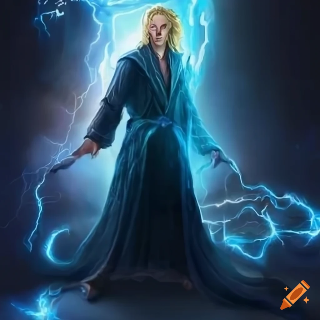 Male elven wizard conjuring elemental energies in a magical setting