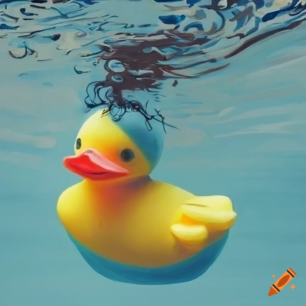 Man floating in pool surrounded by rubber ducks inspired by Basquiat