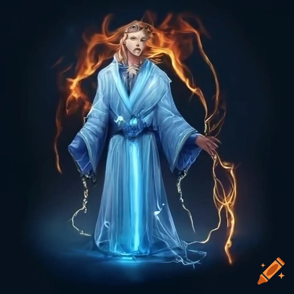 Male elven wizard conjuring various elemental energies in magical robe