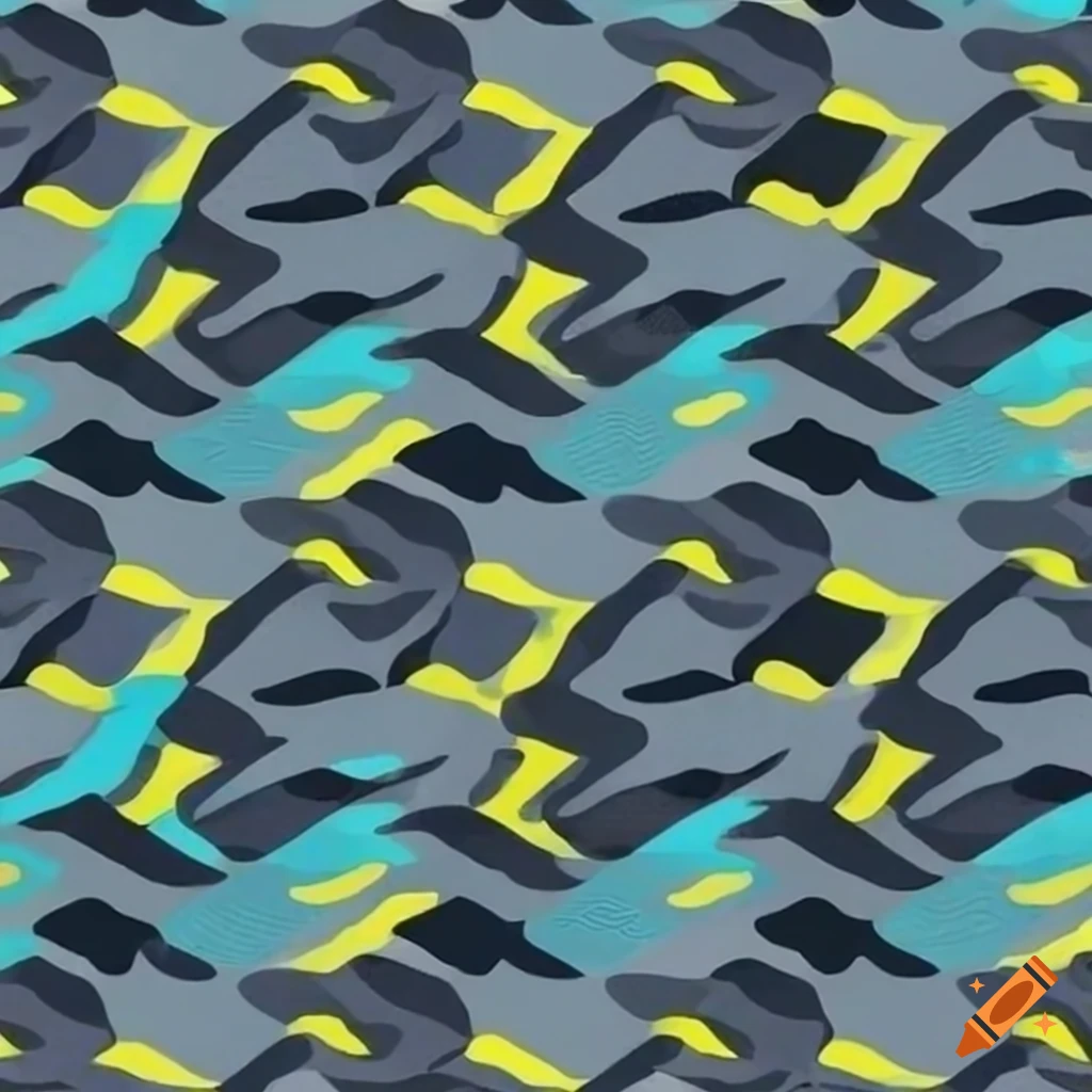 Geometric camouflage pattern in bold colors with thunder bolt and wave designs