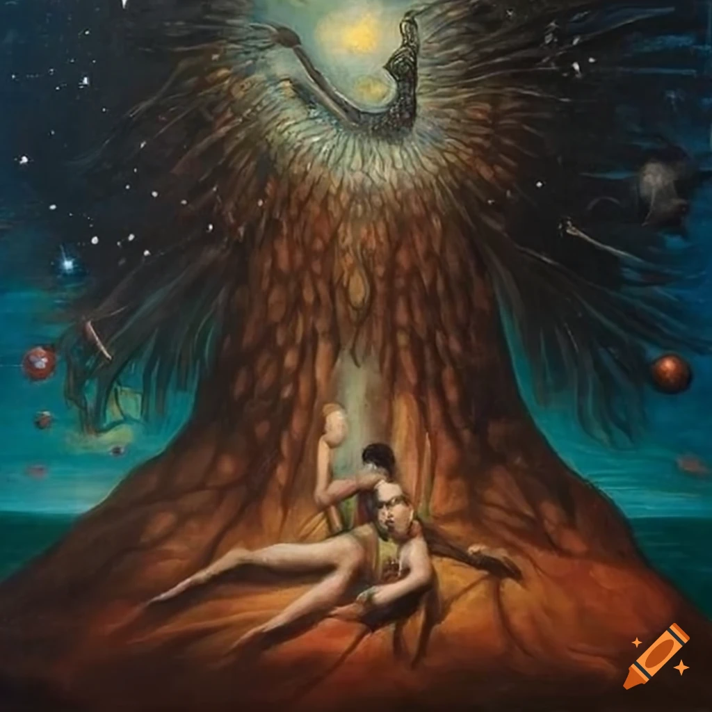 Surrealist painting with Carlos Castaneda and Don Juan Matus in front of a Tapio