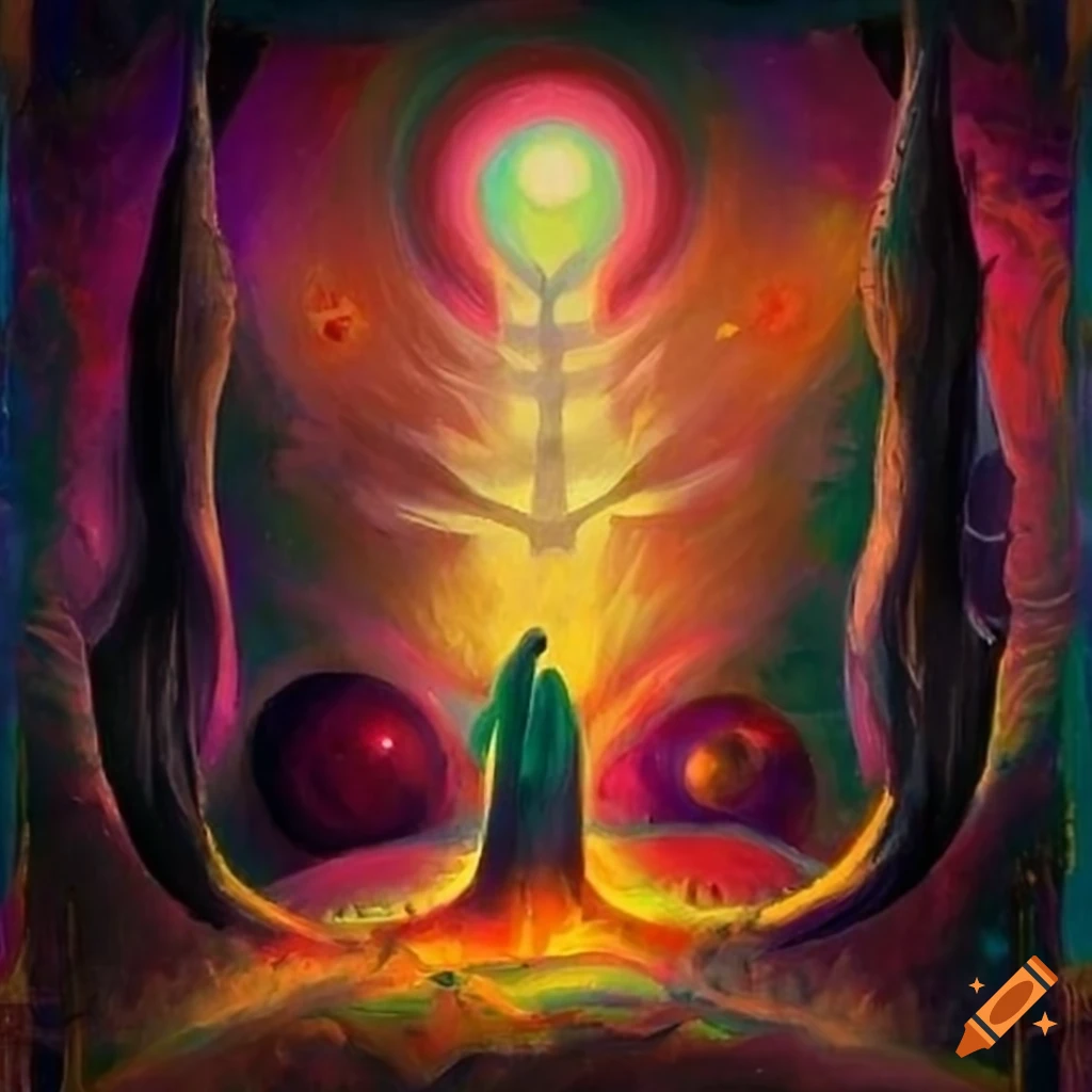 Surrealist painting depicting Carlos Castaneda and Don Juan Matus in front of a Tapio