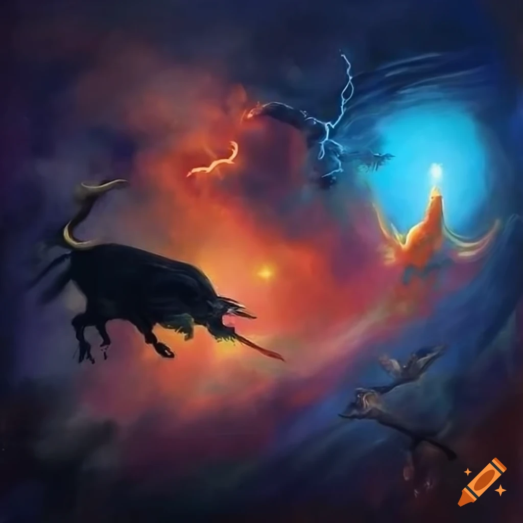 Victorious Phoenix in a surreal battle with a bull under a stormy sky