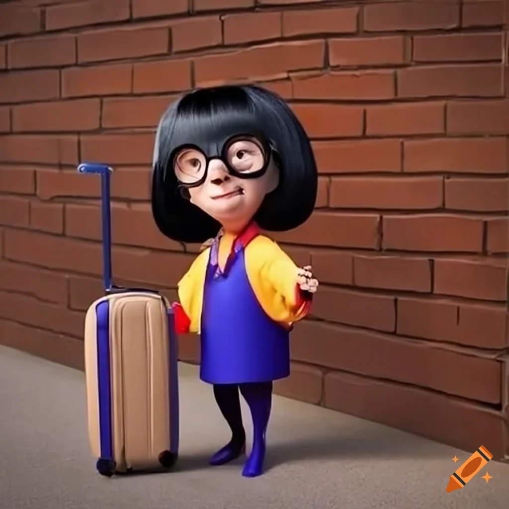 Edna Mode standing with her beige suitcase