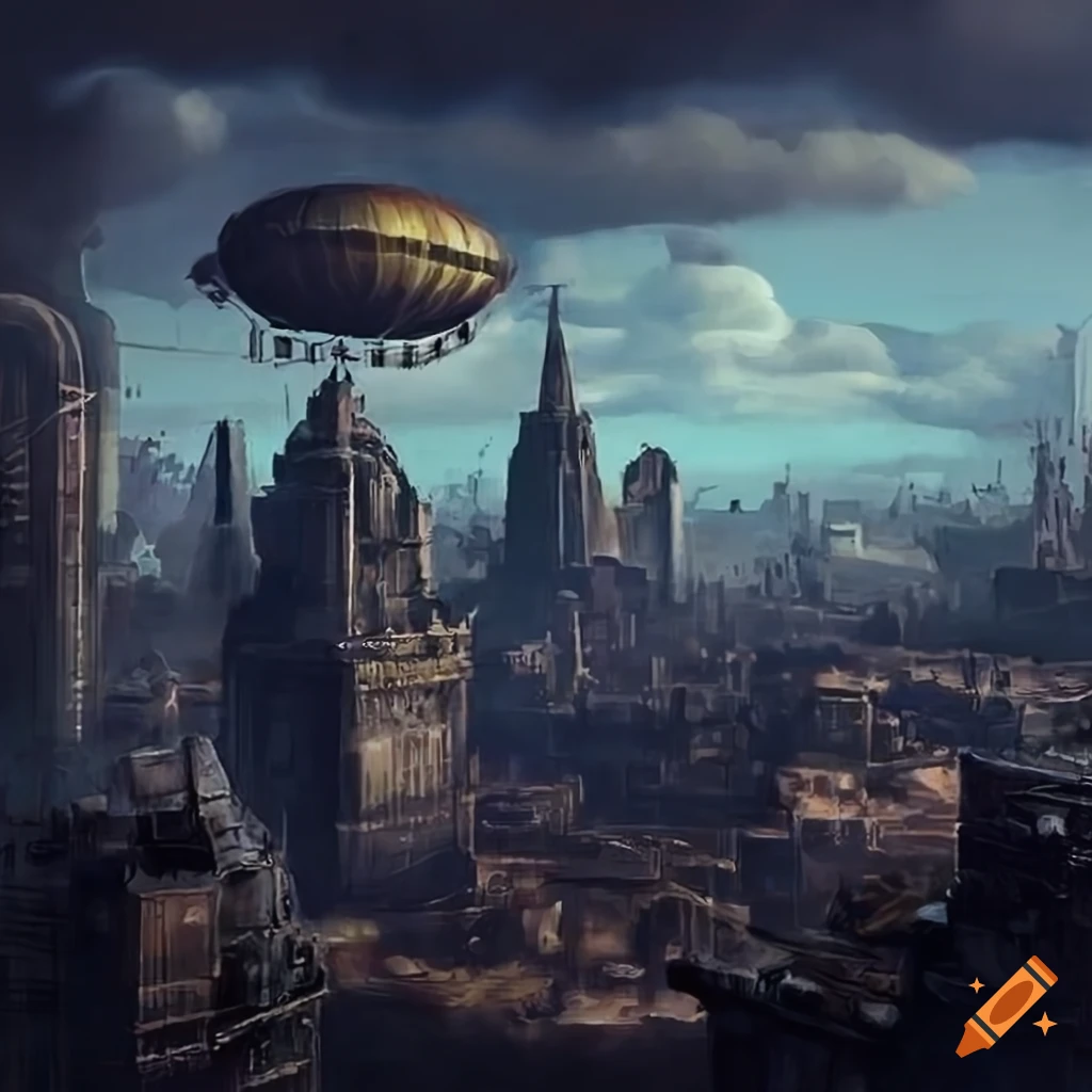 Dieselpunk metropolis skyline obscured by toxic clouds with airships and zeppelins, apocalyptic scene
