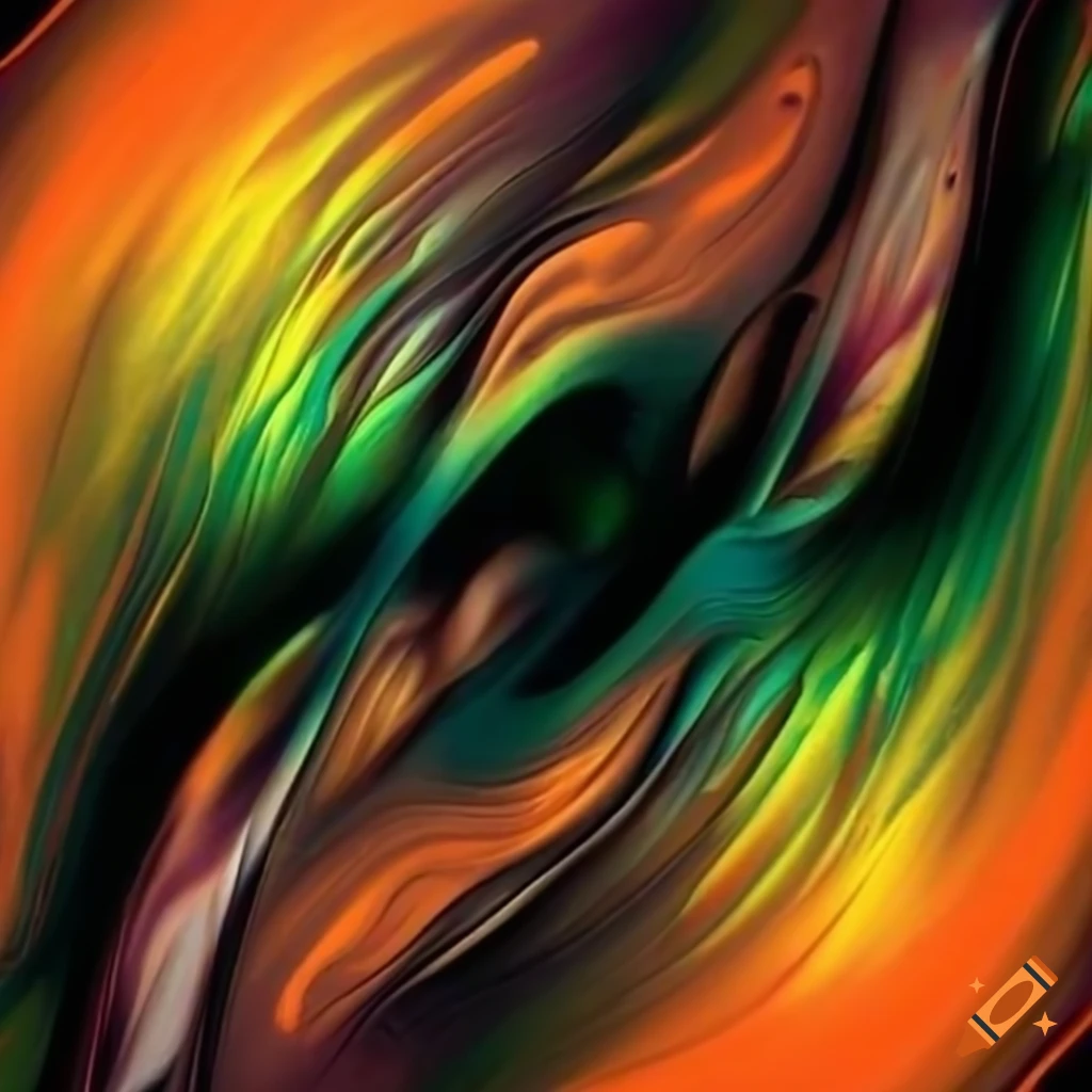 Abstract painting of a strange dimension with dark orange, green/brown, and charcoal black colors