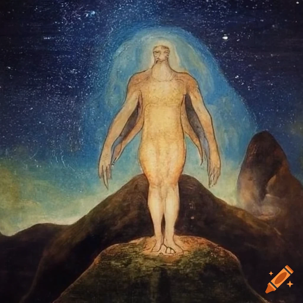 Enlightened spirit walking up a hill under a starry sky with planets, in a mystical setting