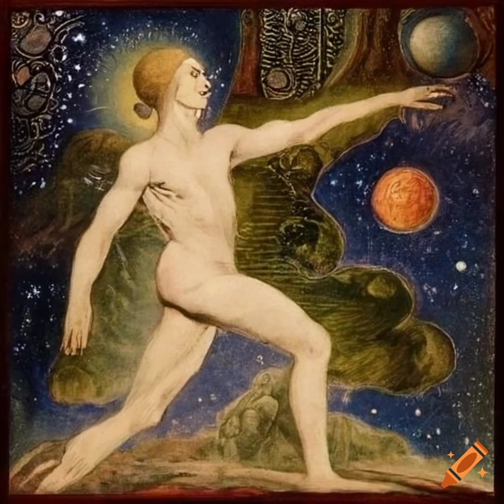 Enlightened spirit walking up hill under starry sky with planets