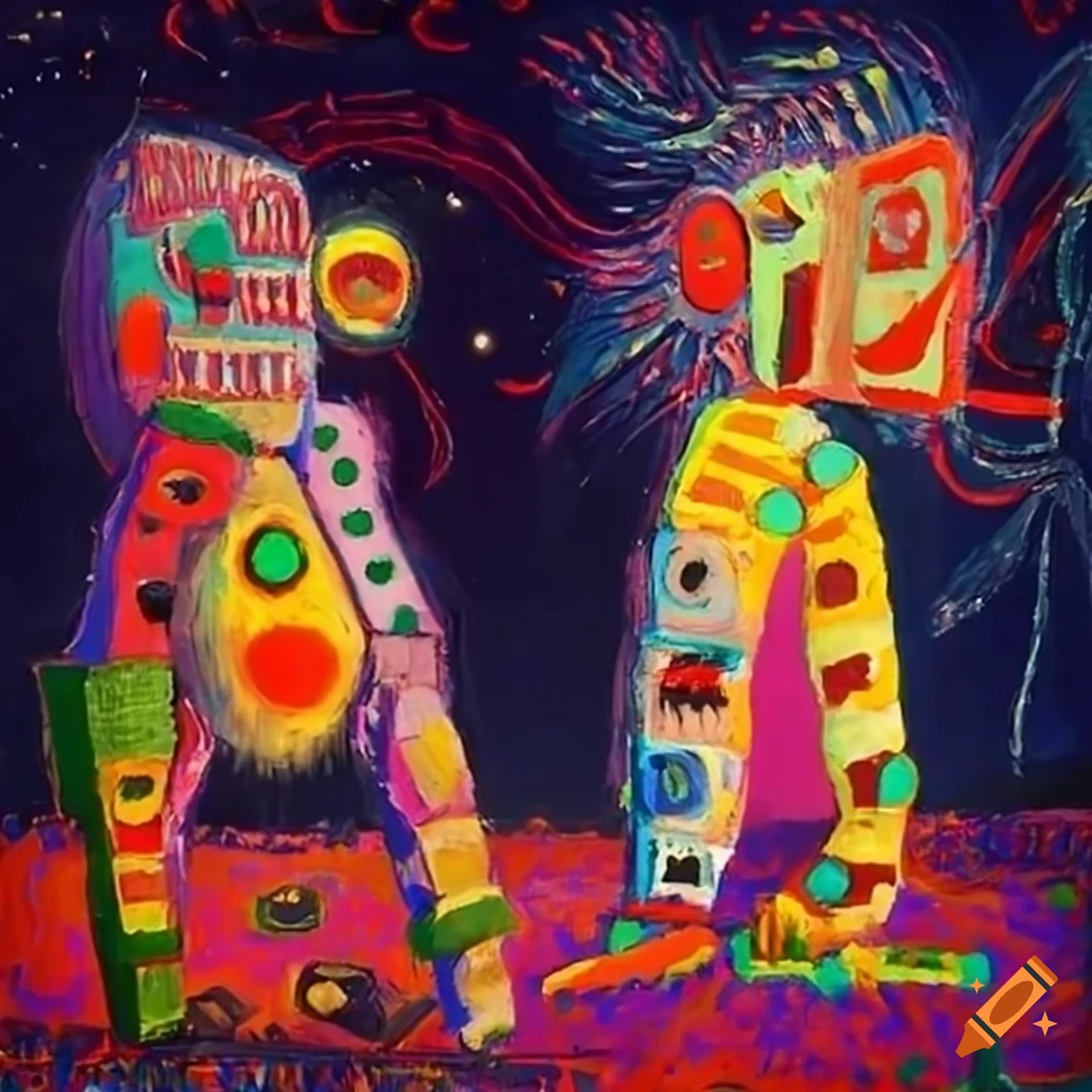 Two boys dancing in a colorful occultic field with African masks and floating robots in outsider art style