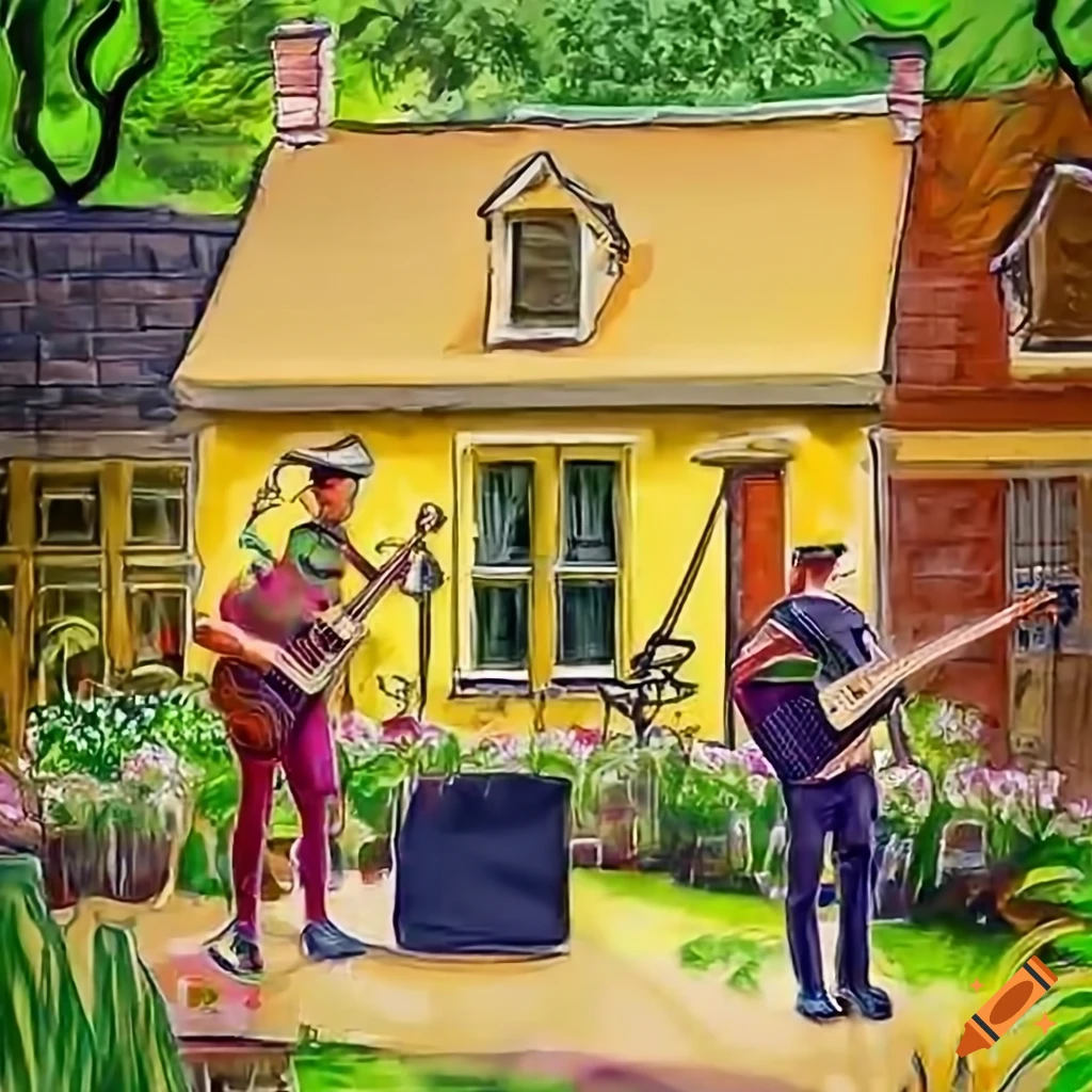 Musicians performing on a backyard stage amid yellow brick houses and gardens