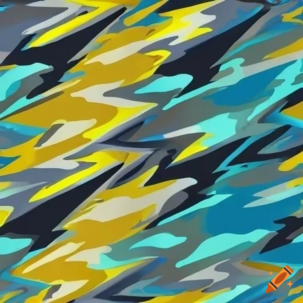 Riptide camouflage pattern in yellow, aqua, blue, navy grey-blue, and ...