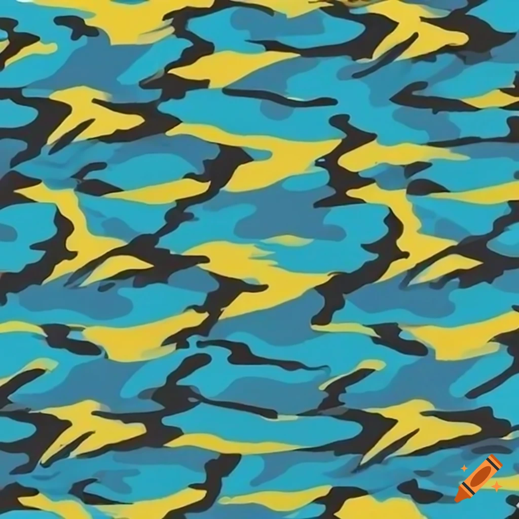 Ocean storm camouflage pattern in yellow, aqua, blue, dark grey, and black