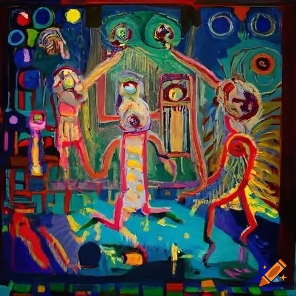Two boys dancing in a colorful occultic field with African masks and floating robots