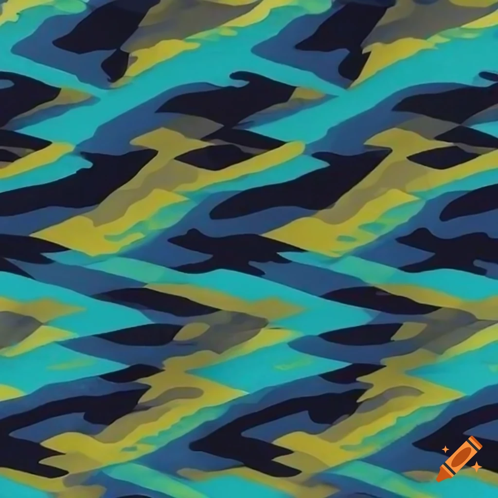 Geometric camouflage pattern in bold yellow, aqua, blue, navy, and black