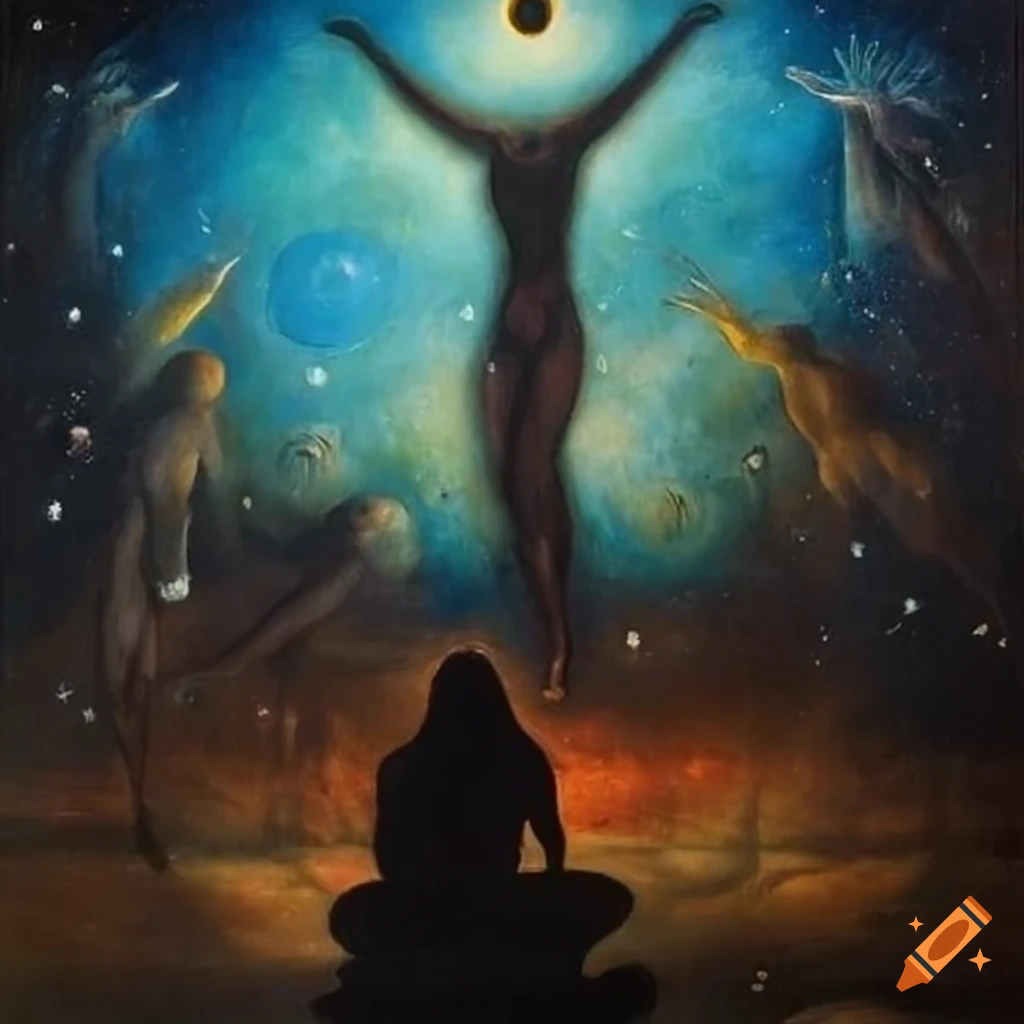 Surrealist painting depicting Carlos Castaneda and Don Juan Matus in front of a Tapio