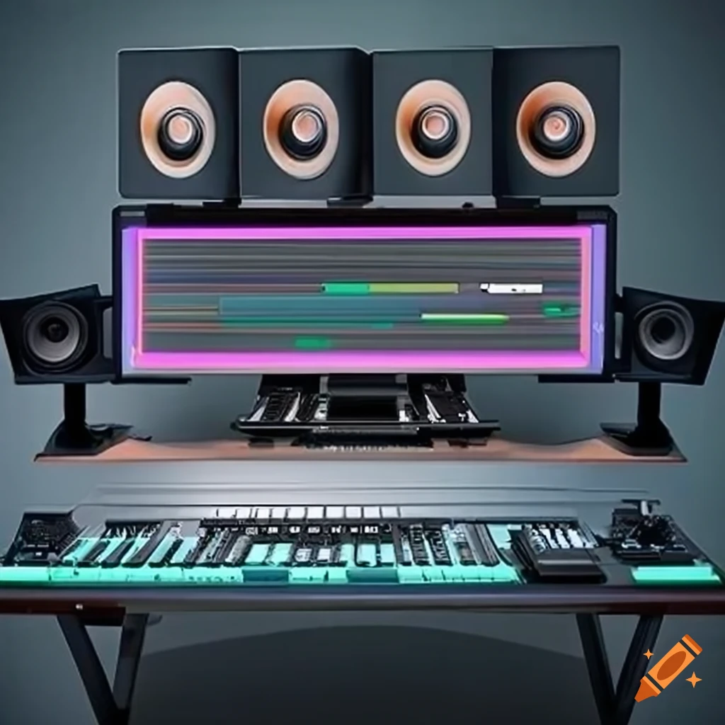 3D studio desk for home music production with JBL LSR 305 studio monitors and NI Komplete Kontrol MIDI