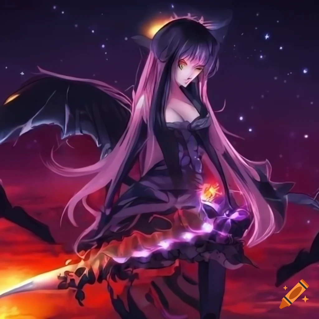Anime demon girl in cool dress with flaming ocean and stars background, holding a sword