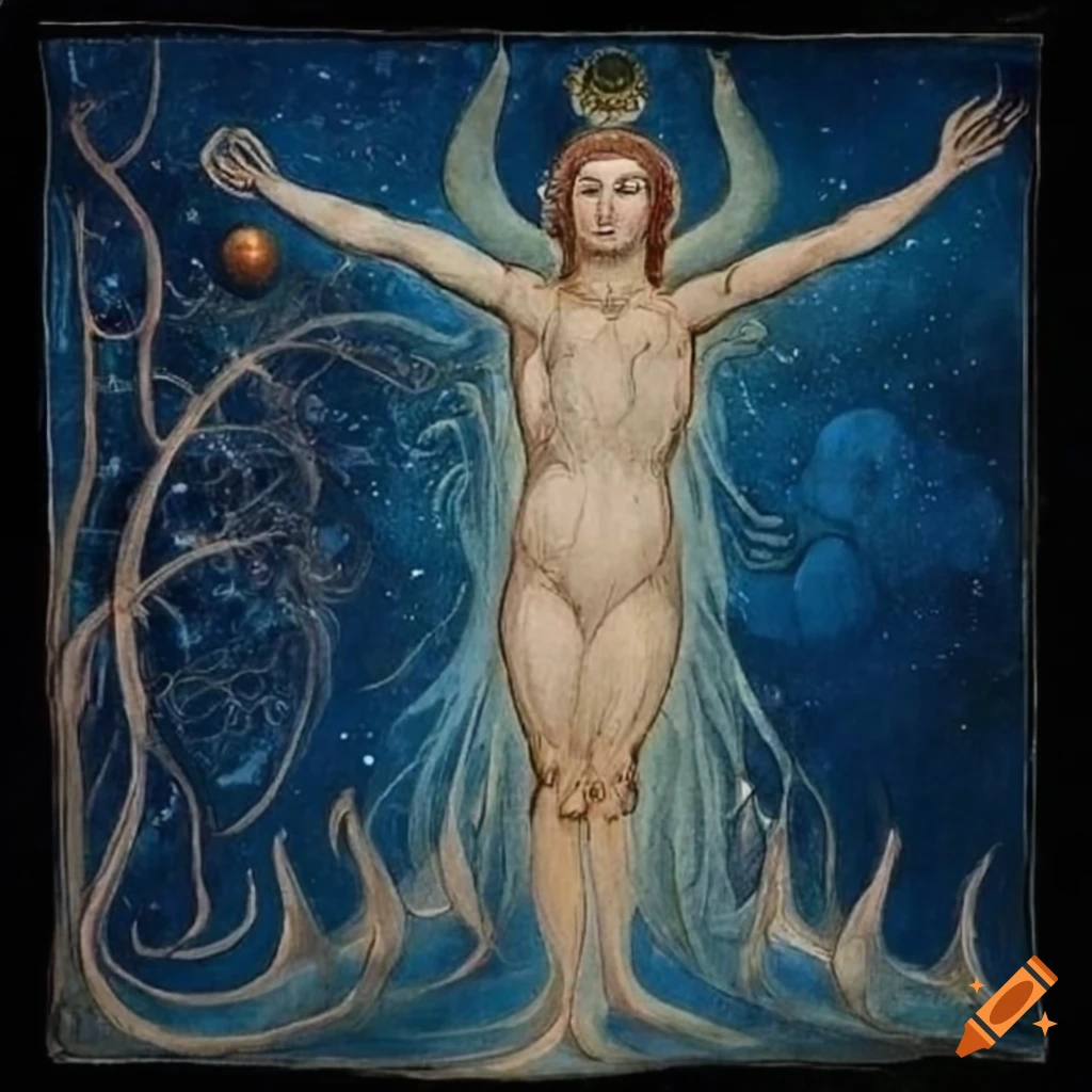 Enlightened spirit walking to hilltop under starry sky with planets, inspired by William Blake