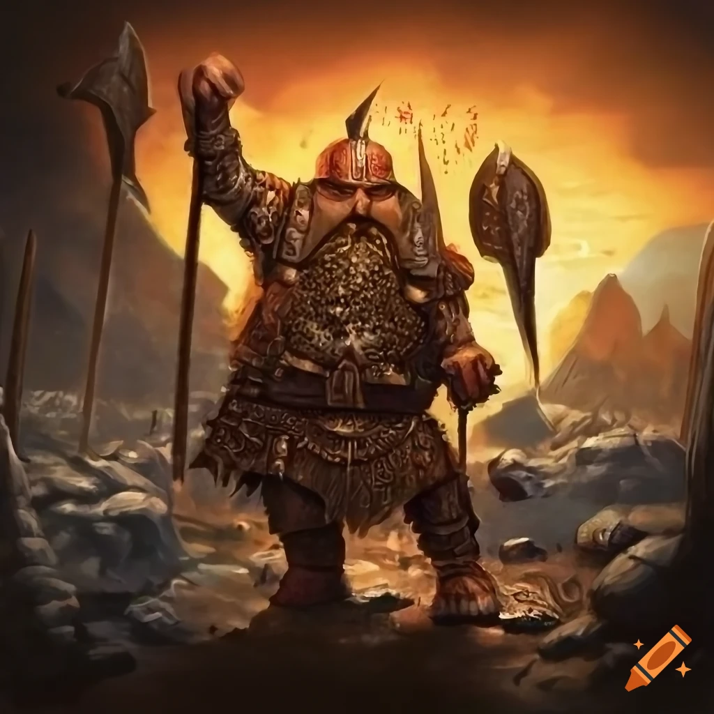 Army of dwarves prepared for battle with swords and shields