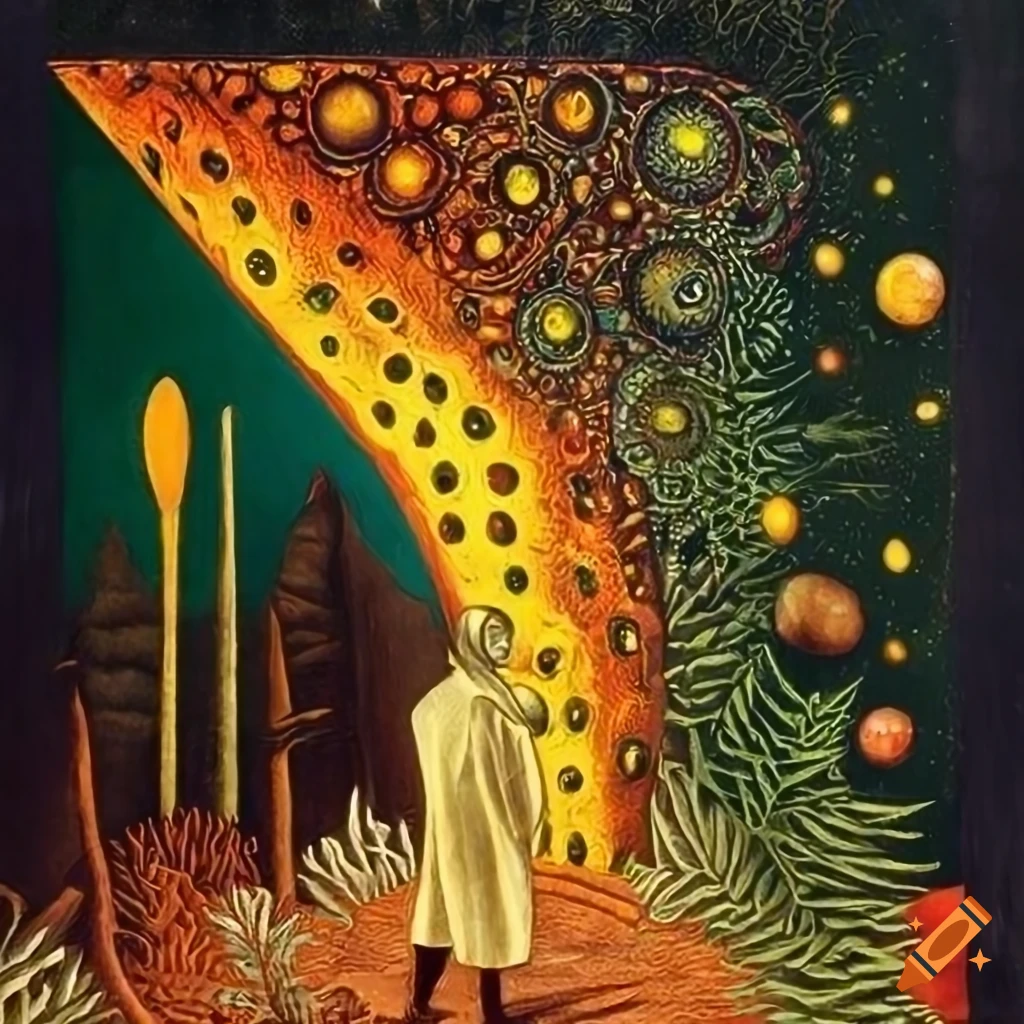 Pulp magazine cover with nonbinary human gazing through Celestial veil