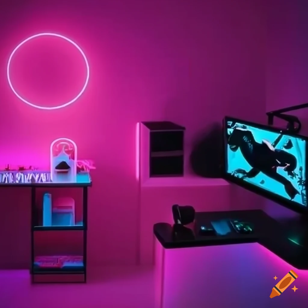 Pink bedroom with neon lights and gaming setup