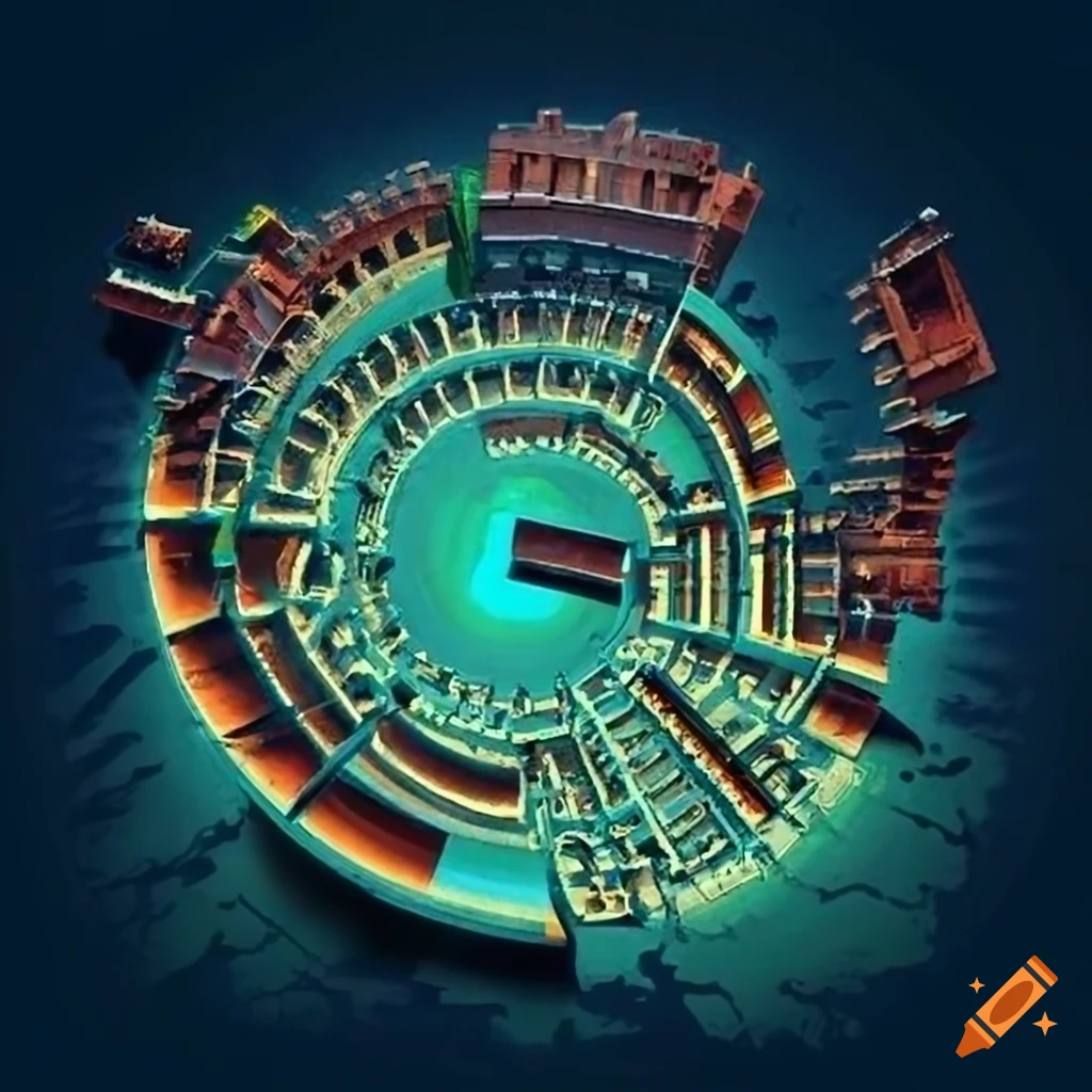 Graphic design concept for the 'Historic Cities in Open Worlds' book cover featuring a schematic representation of Ancient Rome