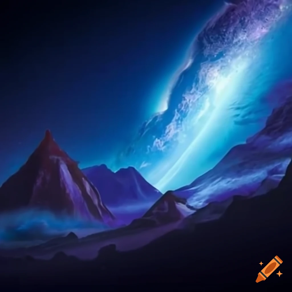 Encounter between species in an alien landscape with floating mountains and colorful skies