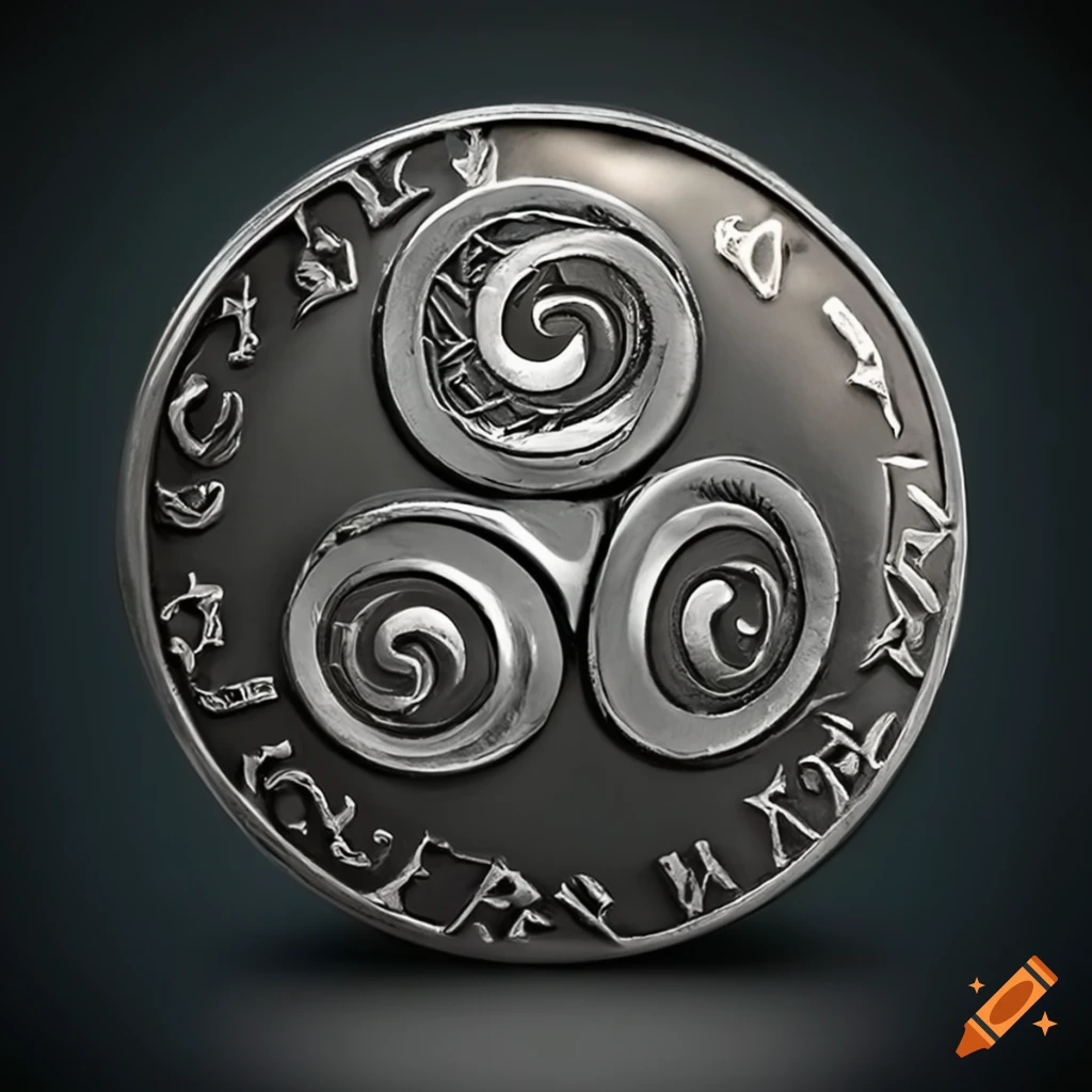 Dark silver coin with Triskelion design